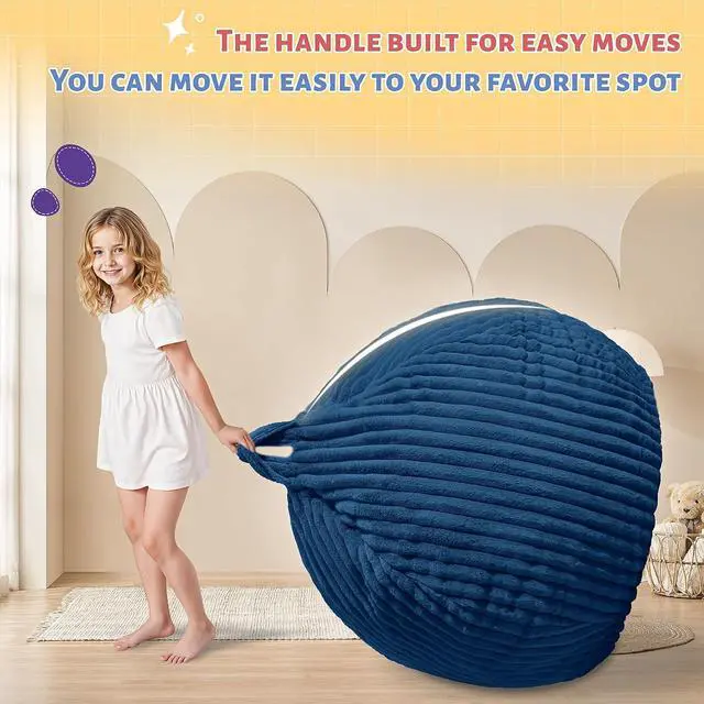 Alt view image 4 of 6 - 2FT Bean Bag Chair, 2' Bean Bag Chairs with Memory Foam Filled, Small Comfy Beanbag Chair with Stripe Plush Cover for Living Room Bedroom DormBlue