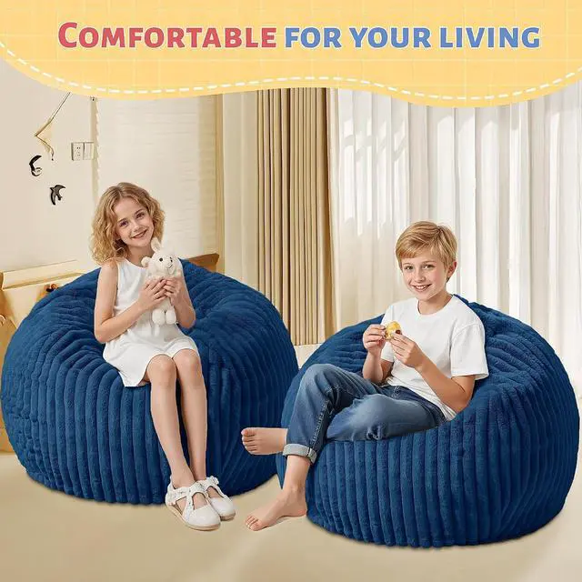 Alt view image 6 of 6 - 2FT Bean Bag Chair, 2' Bean Bag Chairs with Memory Foam Filled, Small Comfy Beanbag Chair with Stripe Plush Cover for Living Room Bedroom DormBlue