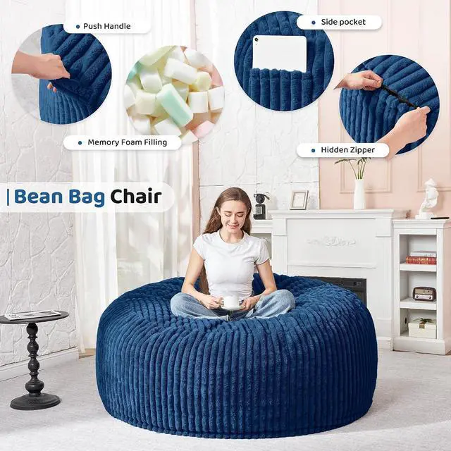 Alt view image 3 of 6 - 4FT Bean Bag Chair, 4' Large Bean Bag Chairs for Adults with Removable Stripe Plush Cover, Memory Foam Beanbag Chair for Living Room Bedroom Dorm (Blue)