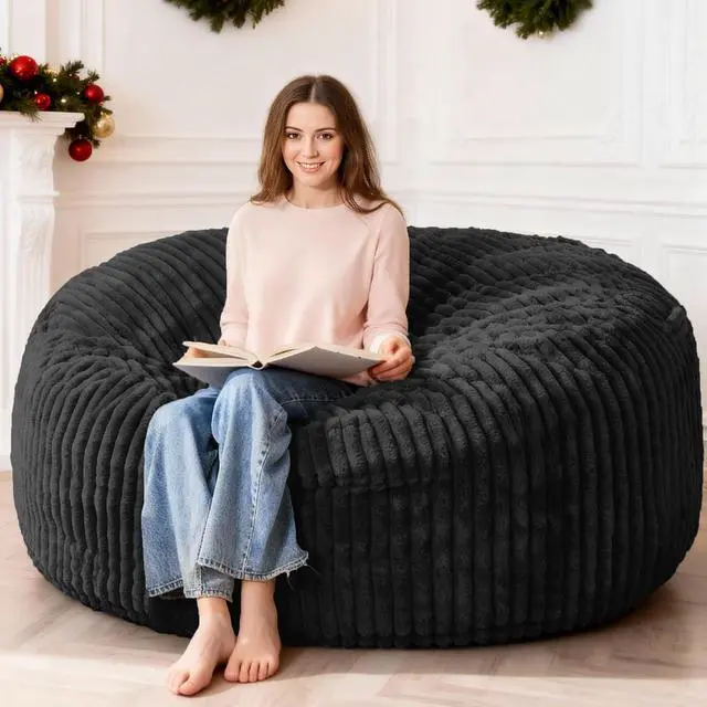 Main image of 6FT Bean Bag Chair, 6' Large Bean Bag Chairs for Adults with Removable Stripe Plush Cover, Memory Foam Beanbag Chair for Living Room Bedroom DormBlack
