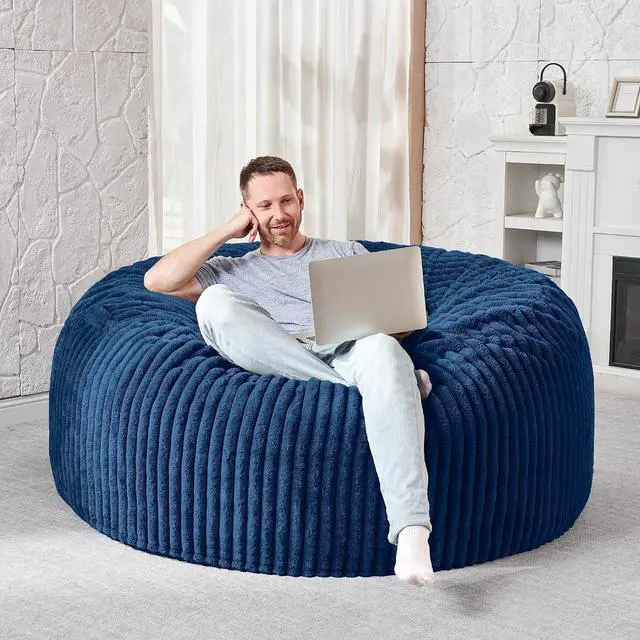Alt view image 5 of 6 - 4FT Bean Bag Chair, 4' Large Bean Bag Chairs for Adults with Removable Stripe Plush Cover, Memory Foam Beanbag Chair for Living Room Bedroom Dorm (Blue)