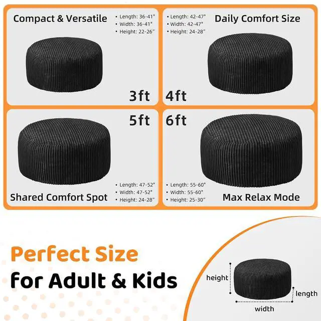 Alt view image 2 of 6 - 6FT Bean Bag Chair, 6' Large Bean Bag Chairs for Adults with Removable Stripe Plush Cover, Memory Foam Beanbag Chair for Living Room Bedroom DormBlack