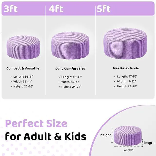 Alt view image 2 of 6 - 3FT Bean Bag Chair, 3' Large Bean Bag Chairs for Adults with Stripe Plush Cover, Memory Foam Beanbag Chair for Living Room Bedroom DormPurple