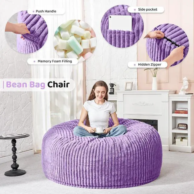 Alt view image 4 of 6 - 3FT Bean Bag Chair, 3' Large Bean Bag Chairs for Adults with Stripe Plush Cover, Memory Foam Beanbag Chair for Living Room Bedroom DormPurple