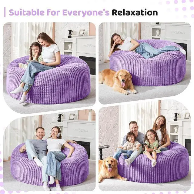Alt view image 3 of 6 - 3FT Bean Bag Chair, 3' Large Bean Bag Chairs for Adults with Stripe Plush Cover, Memory Foam Beanbag Chair for Living Room Bedroom DormPurple