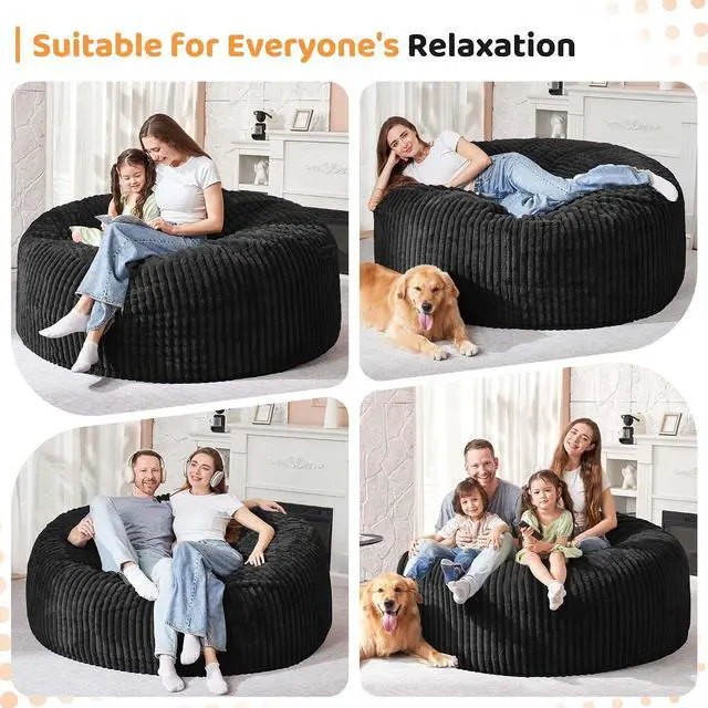 Alt view image 4 of 6 - 6FT Bean Bag Chair, 6' Large Bean Bag Chairs for Adults with Removable Stripe Plush Cover, Memory Foam Beanbag Chair for Living Room Bedroom DormBlack