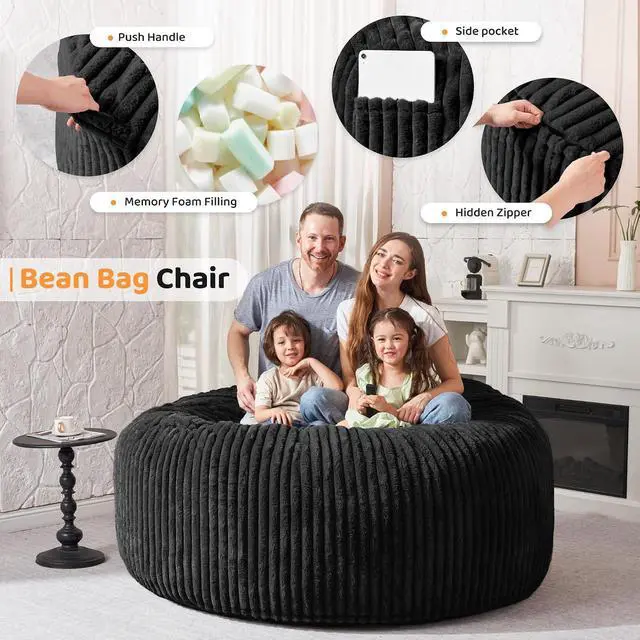 Alt view image 3 of 6 - 6FT Bean Bag Chair, 6' Large Bean Bag Chairs for Adults with Removable Stripe Plush Cover, Memory Foam Beanbag Chair for Living Room Bedroom DormBlack