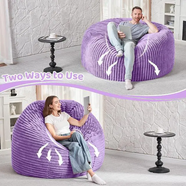Alt view image 6 of 6 - 3FT Bean Bag Chair, 3' Large Bean Bag Chairs for Adults with Stripe Plush Cover, Memory Foam Beanbag Chair for Living Room Bedroom DormPurple
