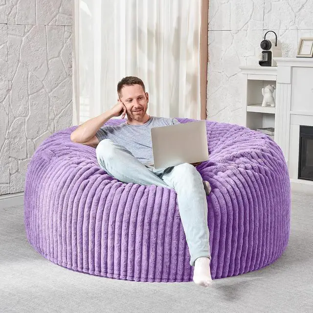 Alt view image 5 of 6 - 4FT Bean Bag Chair, 4' Large Bean Bag Chairs for Adults with Removable Stripe Plush Cover, Memory Foam Beanbag Chair for Living Room Bedroom Dorm (Purple)