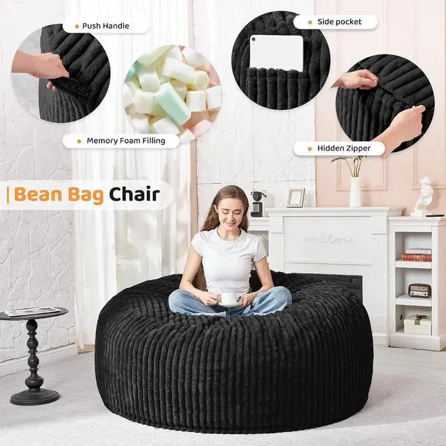 Alt view image 3 of 6 - 4FT Bean Bag Chair, 4' Large Bean Bag Chairs for Adults with Removable Stripe Plush Cover, Memory Foam Beanbag Chair for Living Room Bedroom Dorm (Black)