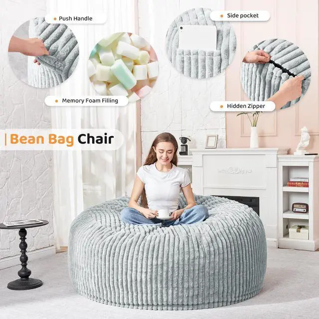 Alt view image 3 of 6 - 4FT Bean Bag Chair, 4' Large Bean Bag Chairs for Adults with Removable Stripe Plush Cover, Memory Foam Beanbag Chair for Living Room Bedroom DormLight Grey