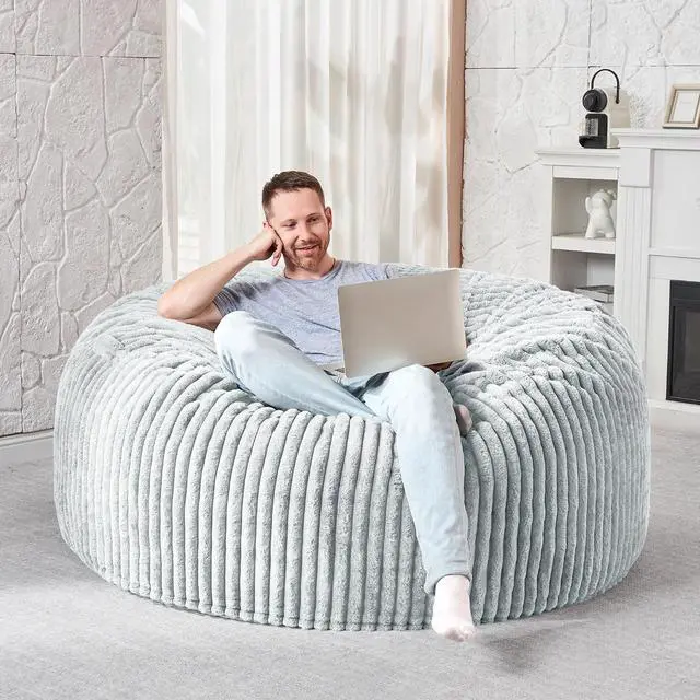 Alt view image 5 of 6 - 4FT Bean Bag Chair, 4' Large Bean Bag Chairs for Adults with Removable Stripe Plush Cover, Memory Foam Beanbag Chair for Living Room Bedroom DormLight Grey