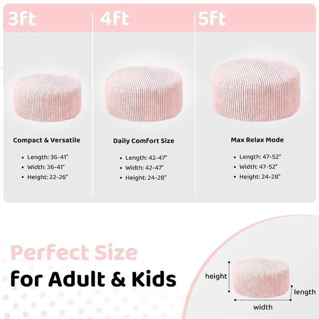 Alt view image 2 of 6 - 5FT Bean Bag Chair, 5' Large Bean Bag Chairs for Adults with Removable Stripe Plush Cover, Memory Foam Beanbag Chair for Living Room Bedroom Dorm (Tender Pink)