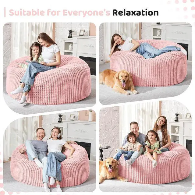 Alt view image 4 of 6 - 5FT Bean Bag Chair, 5' Large Bean Bag Chairs for Adults with Removable Stripe Plush Cover, Memory Foam Beanbag Chair for Living Room Bedroom Dorm (Tender Pink)