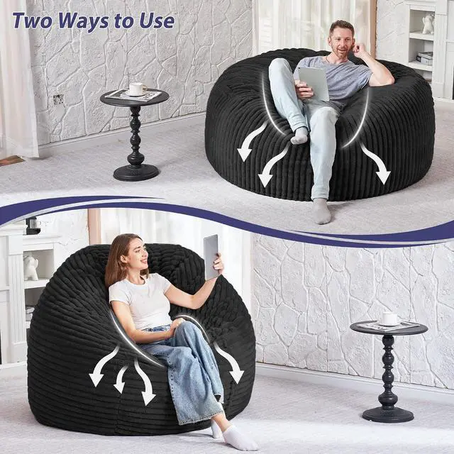 Alt view image 6 of 6 - 3FT Bean Bag Chair, 3' Large Bean Bag Chairs for Adults with Stripe Plush Cover, Memory Foam Beanbag Chair for Living Room Bedroom DormBlack