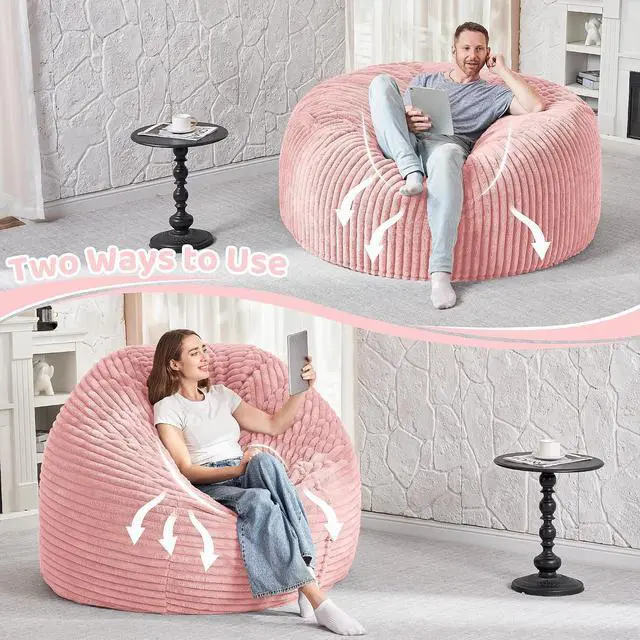 Alt view image 6 of 6 - 5FT Bean Bag Chair, 5' Large Bean Bag Chairs for Adults with Removable Stripe Plush Cover, Memory Foam Beanbag Chair for Living Room Bedroom Dorm (Tender Pink)