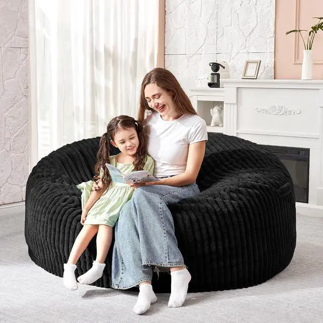 Alt view image 5 of 6 - 3FT Bean Bag Chair, 3' Large Bean Bag Chairs for Adults with Stripe Plush Cover, Memory Foam Beanbag Chair for Living Room Bedroom DormBlack