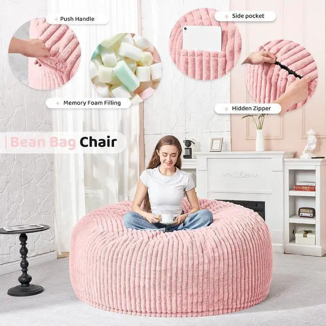 Alt view image 3 of 6 - 4FT Bean Bag Chair, 4' Large Bean Bag Chairs for Adults with Removable Stripe Plush Cover, Memory Foam Beanbag Chair for Living Room Bedroom Dorm (Tender Pink)