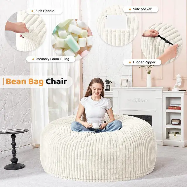 Alt view image 3 of 6 - 4FT Bean Bag Chair, 4' Large Bean Bag Chairs for Adults with Removable Stripe Plush Cover, Memory Foam Beanbag Chair for Living Room Bedroom Dorm (White)