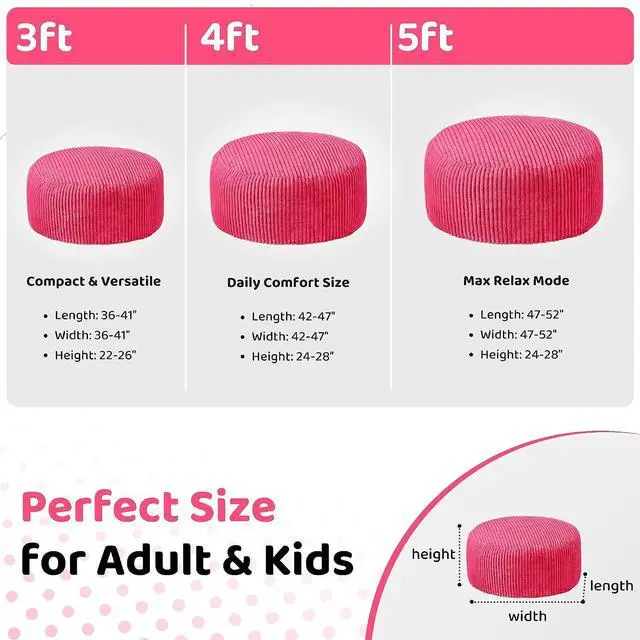 Alt view image 2 of 6 - 5FT Bean Bag Chair, 5' Large Bean Bag Chairs for Adults with Removable Stripe Plush Cover, Memory Foam Beanbag Chair for Living Room Bedroom Dorm (Pink)