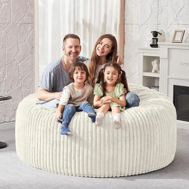 Alt view image 5 of 6 - 4FT Bean Bag Chair, 4' Large Bean Bag Chairs for Adults with Removable Stripe Plush Cover, Memory Foam Beanbag Chair for Living Room Bedroom Dorm (White)