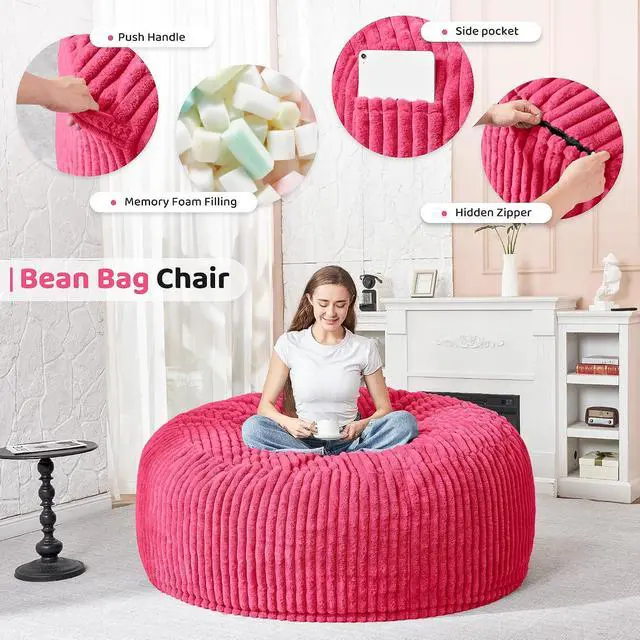 Alt view image 3 of 6 - 4FT Bean Bag Chair, 4' Large Bean Bag Chairs for Adults with Removable Stripe Plush Cover, Memory Foam Beanbag Chair for Living Room Bedroom Dorm (Pink)