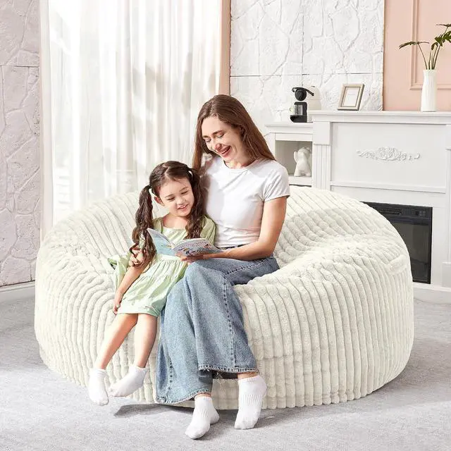 Alt view image 5 of 6 - 3FT Bean Bag Chair, 3' Large Bean Bag Chairs for Adults with Stripe Plush Cover, Memory Foam Beanbag Chair for Living Room Bedroom DormWhite