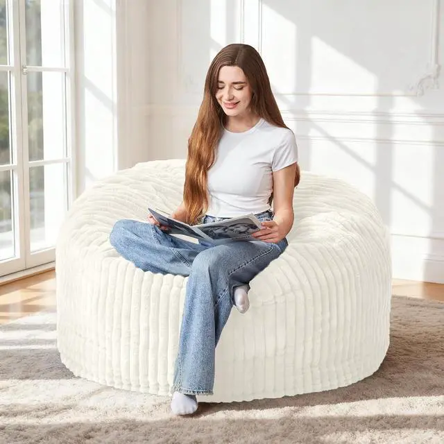Main image of 3FT Bean Bag Chair, 3' Large Bean Bag Chairs for Adults with Stripe Plush Cover, Memory Foam Beanbag Chair for Living Room Bedroom DormWhite