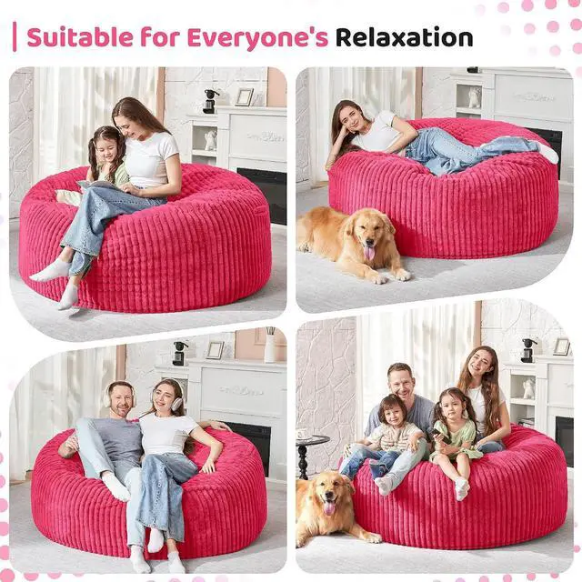Alt view image 4 of 6 - 5FT Bean Bag Chair, 5' Large Bean Bag Chairs for Adults with Removable Stripe Plush Cover, Memory Foam Beanbag Chair for Living Room Bedroom Dorm (Pink)