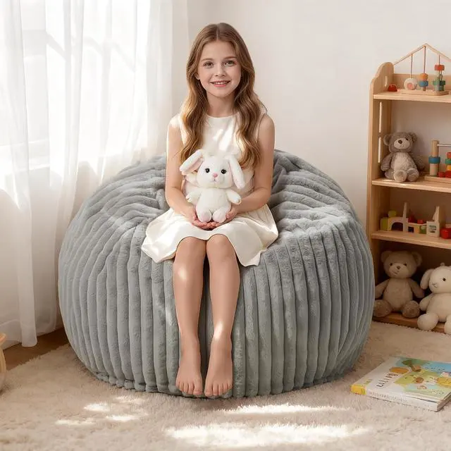 Main image of 2FT Bean Bag Chair, 2' Bean Bag Chairs with Memory Foam Filled, Small Comfy Beanbag Chair with Stripe Plush Cover for Living Room Bedroom Dorm,Grey
