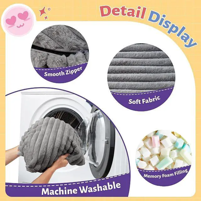 Alt view image 3 of 6 - 2FT Bean Bag Chair, 2' Bean Bag Chairs with Memory Foam Filled, Small Comfy Beanbag Chair with Stripe Plush Cover for Living Room Bedroom Dorm,Grey