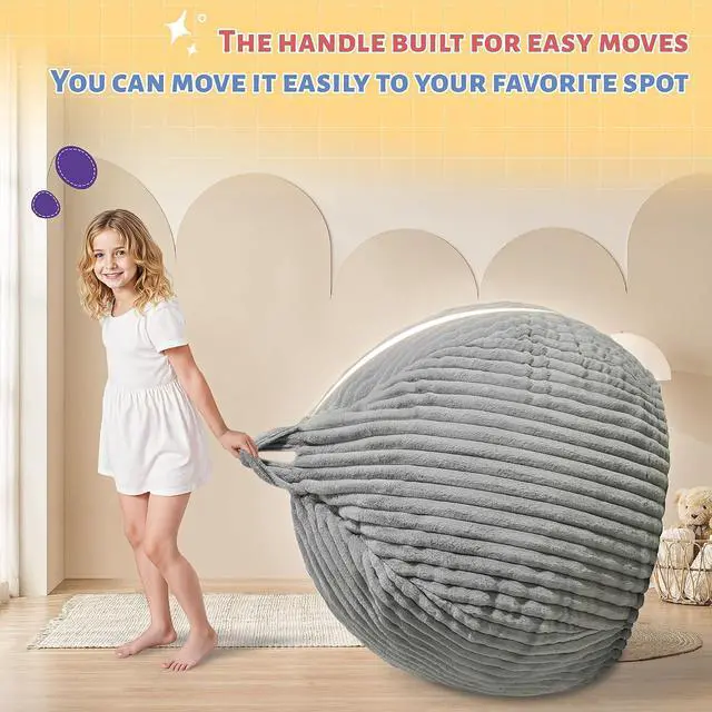 Alt view image 4 of 6 - 2FT Bean Bag Chair, 2' Bean Bag Chairs with Memory Foam Filled, Small Comfy Beanbag Chair with Stripe Plush Cover for Living Room Bedroom Dorm,Grey