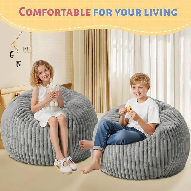 Alt view image 6 of 6 - 2FT Bean Bag Chair, 2' Bean Bag Chairs with Memory Foam Filled, Small Comfy Beanbag Chair with Stripe Plush Cover for Living Room Bedroom Dorm,Grey