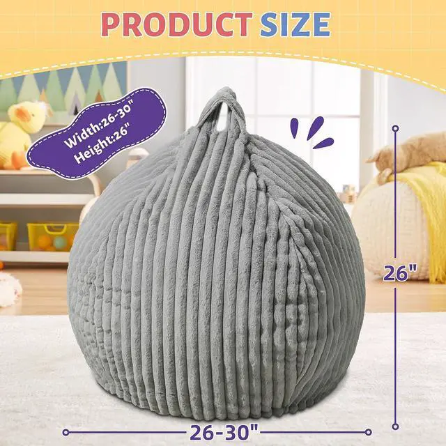 Alt view image 2 of 6 - 2FT Bean Bag Chair, 2' Bean Bag Chairs with Memory Foam Filled, Small Comfy Beanbag Chair with Stripe Plush Cover for Living Room Bedroom Dorm,Grey
