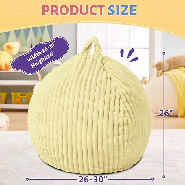 Alt view image 2 of 6 - 2FT Bean Bag Chair, 2' Bean Bag Chairs with Memory Foam Filled, Small Comfy Beanbag Chair with Stripe Plush Cover for Living Room Bedroom DormYellow