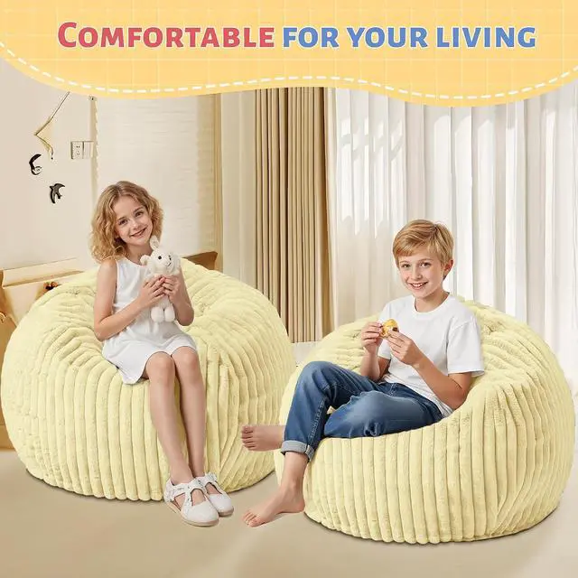 Alt view image 6 of 6 - 2FT Bean Bag Chair, 2' Bean Bag Chairs with Memory Foam Filled, Small Comfy Beanbag Chair with Stripe Plush Cover for Living Room Bedroom DormYellow