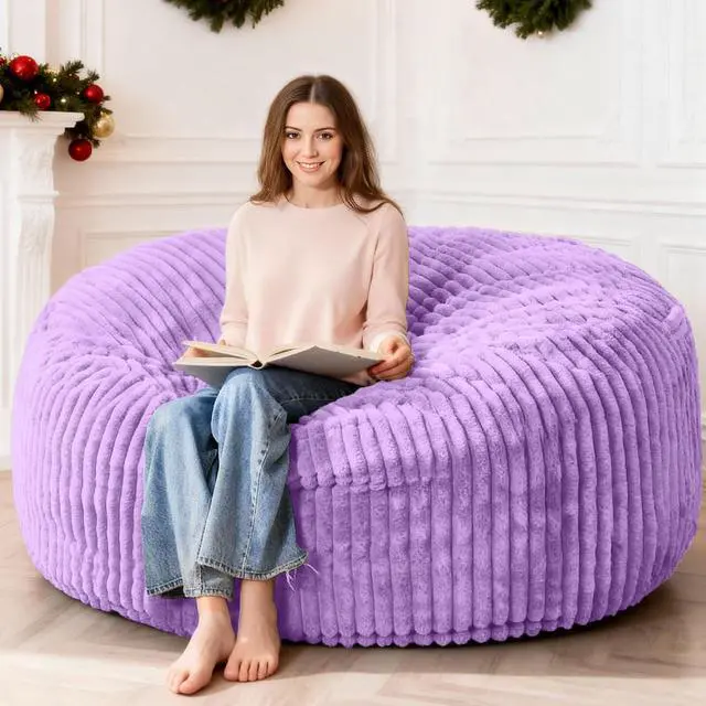 Main image of 6FT Bean Bag Chair, 6' Large Bean Bag Chairs for Adults with Removable Stripe Plush Cover, Memory Foam Beanbag Chair for Living Room Bedroom DormPurple