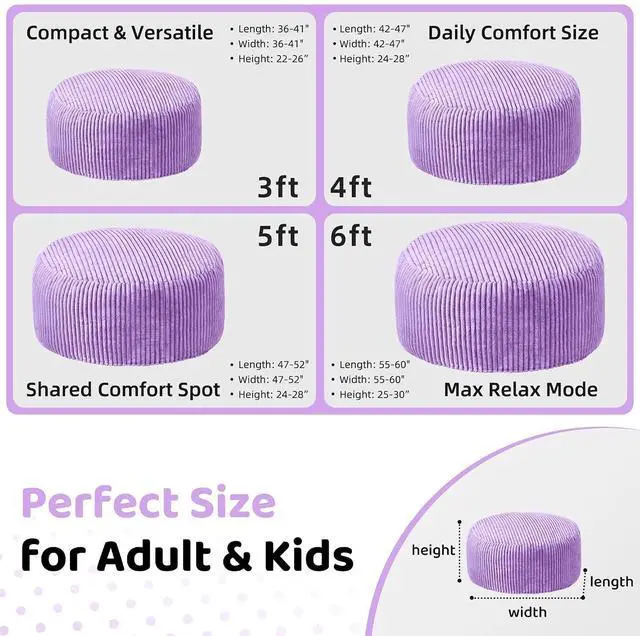 Alt view image 2 of 6 - 6FT Bean Bag Chair, 6' Large Bean Bag Chairs for Adults with Removable Stripe Plush Cover, Memory Foam Beanbag Chair for Living Room Bedroom DormPurple
