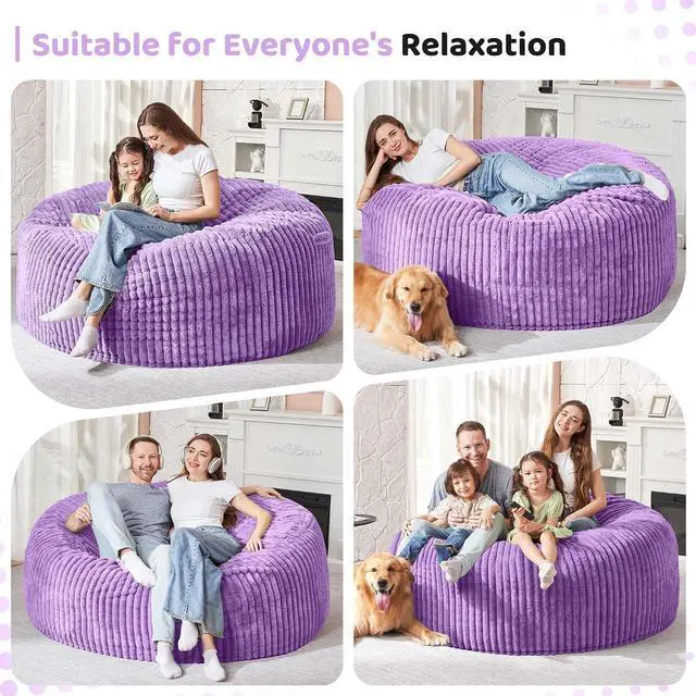 Alt view image 4 of 6 - 6FT Bean Bag Chair, 6' Large Bean Bag Chairs for Adults with Removable Stripe Plush Cover, Memory Foam Beanbag Chair for Living Room Bedroom DormPurple