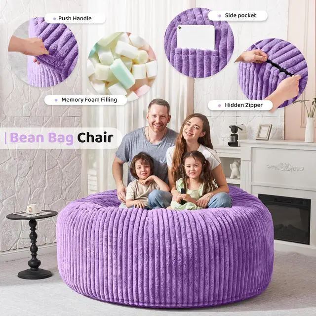 Alt view image 3 of 6 - 6FT Bean Bag Chair, 6' Large Bean Bag Chairs for Adults with Removable Stripe Plush Cover, Memory Foam Beanbag Chair for Living Room Bedroom DormPurple
