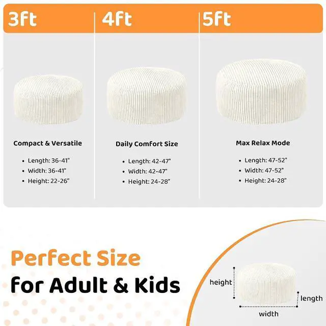 Alt view image 2 of 6 - 4FT Bean Bag Chair, 4' Large Bean Bag Chairs for Adults with Removable Stripe Plush Cover, Memory Foam Beanbag Chair for Living Room Bedroom Dorm (White)