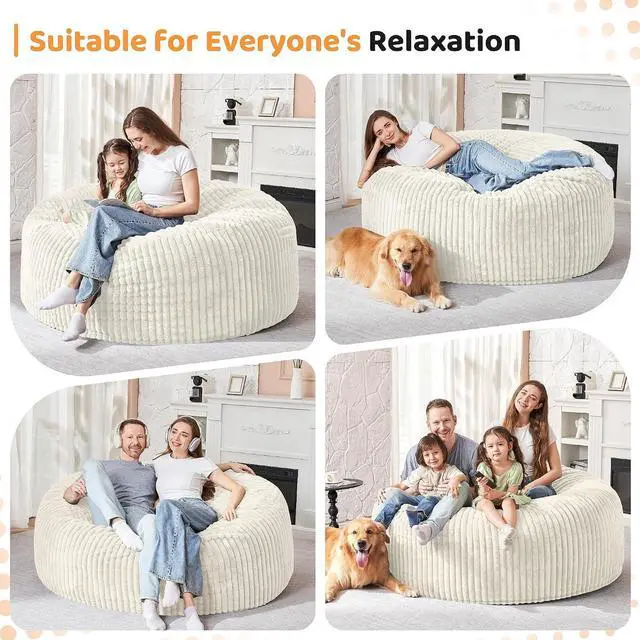 Alt view image 4 of 6 - 4FT Bean Bag Chair, 4' Large Bean Bag Chairs for Adults with Removable Stripe Plush Cover, Memory Foam Beanbag Chair for Living Room Bedroom Dorm (White)