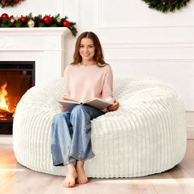 Main image of 5FT Bean Bag Chair, 5' Large Bean Bag Chairs for Adults with Removable Stripe Plush Cover, Memory Foam Beanbag Chair for Living Room Bedroom Dorm (White)