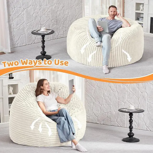 Alt view image 6 of 6 - 4FT Bean Bag Chair, 4' Large Bean Bag Chairs for Adults with Removable Stripe Plush Cover, Memory Foam Beanbag Chair for Living Room Bedroom Dorm (White)
