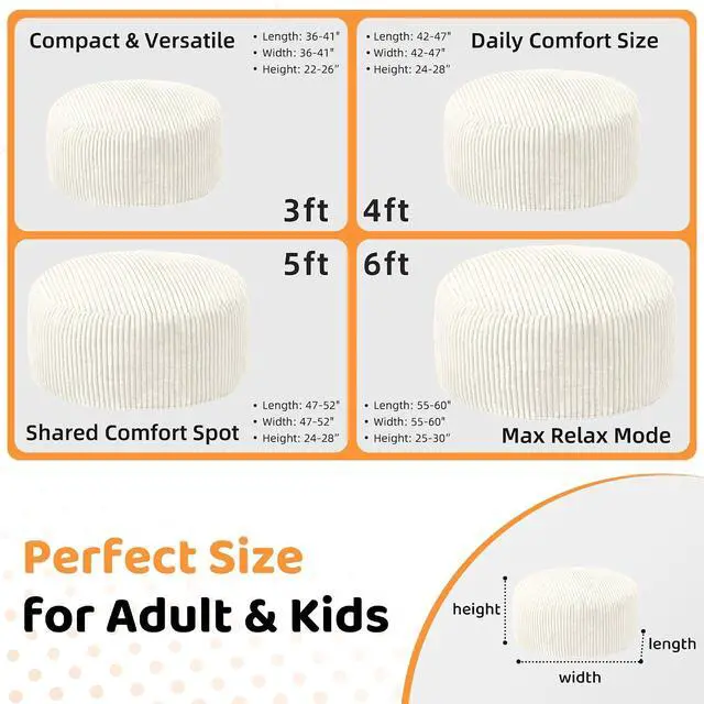 Alt view image 2 of 6 - 6FT Bean Bag Chair, 6' Large Bean Bag Chairs for Adults with Removable Stripe Plush Cover, Memory Foam Beanbag Chair for Living Room Bedroom DormWhite