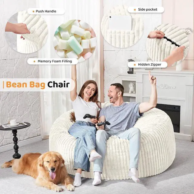 Alt view image 3 of 6 - 5FT Bean Bag Chair, 5' Large Bean Bag Chairs for Adults with Removable Stripe Plush Cover, Memory Foam Beanbag Chair for Living Room Bedroom Dorm (White)