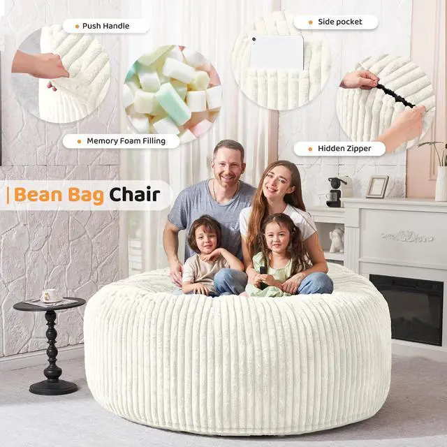 Alt view image 3 of 6 - 6FT Bean Bag Chair, 6' Large Bean Bag Chairs for Adults with Removable Stripe Plush Cover, Memory Foam Beanbag Chair for Living Room Bedroom DormWhite