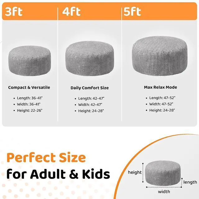 Alt view image 2 of 6 - 4FT Bean Bag Chair, 4' Large Bean Bag Chairs for Adults with Removable Stripe Plush Cover, Memory Foam Beanbag Chair for Living Room Bedroom Dorm (Grey)