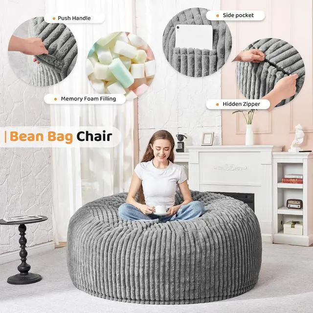 Alt view image 3 of 6 - 4FT Bean Bag Chair, 4' Large Bean Bag Chairs for Adults with Removable Stripe Plush Cover, Memory Foam Beanbag Chair for Living Room Bedroom Dorm (Grey)