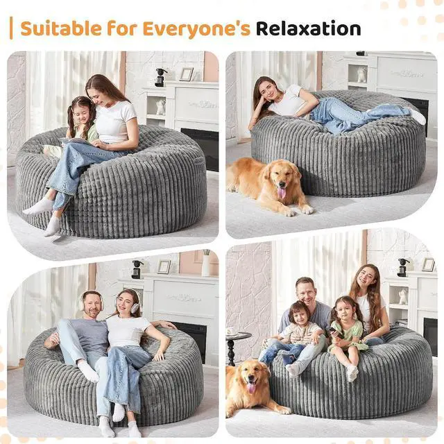 Alt view image 4 of 6 - 4FT Bean Bag Chair, 4' Large Bean Bag Chairs for Adults with Removable Stripe Plush Cover, Memory Foam Beanbag Chair for Living Room Bedroom Dorm (Grey)